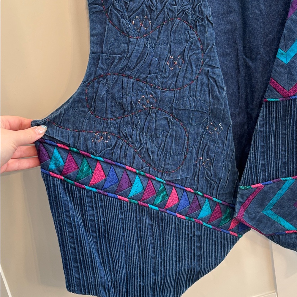 Handmade Embroidered Navy Chevron Vest with Teal & Magenta Accents - Picture 2 of 4